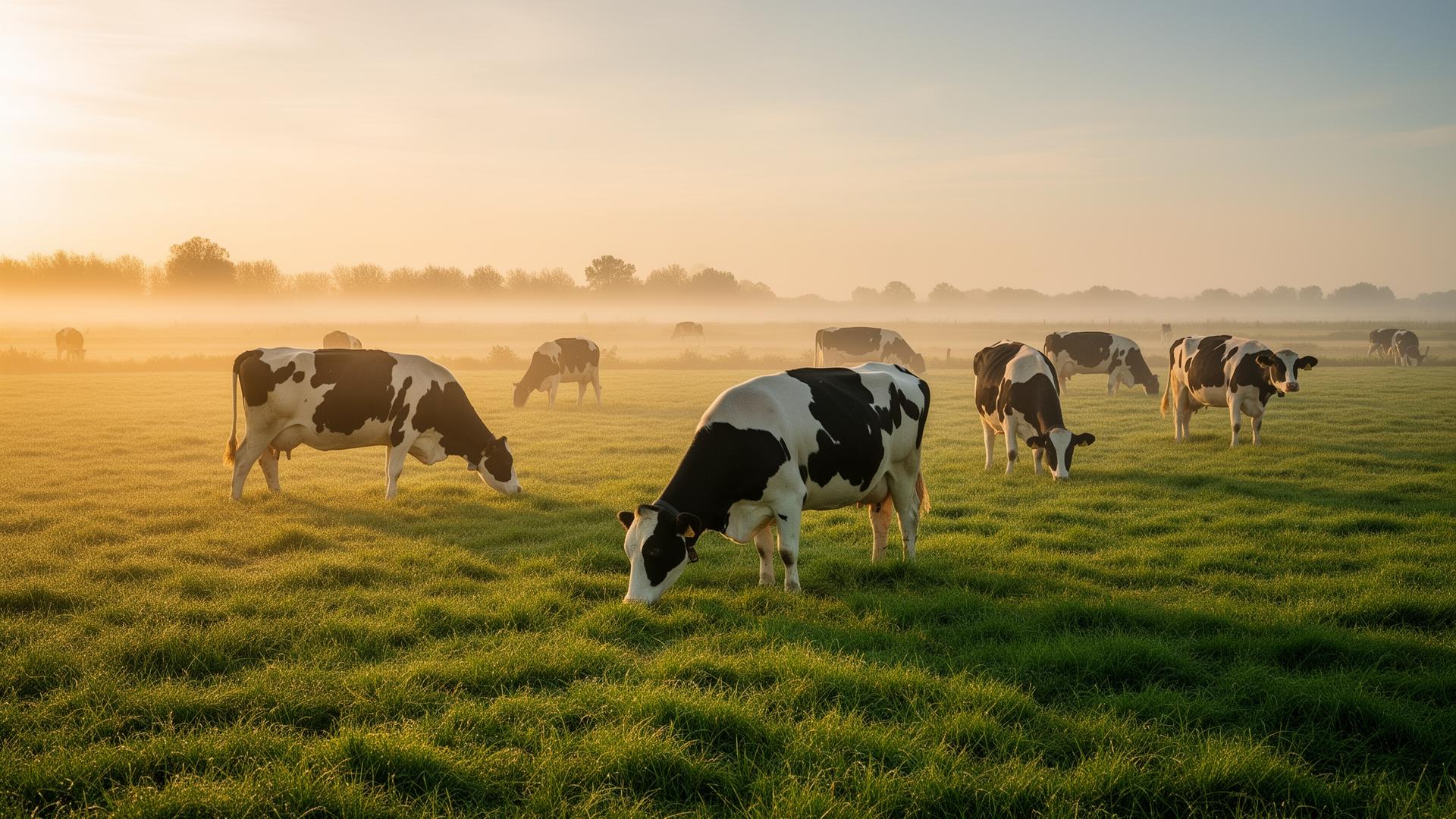 Grasgevoerde Nederlandse runderen in de wei bij zonsopkomst