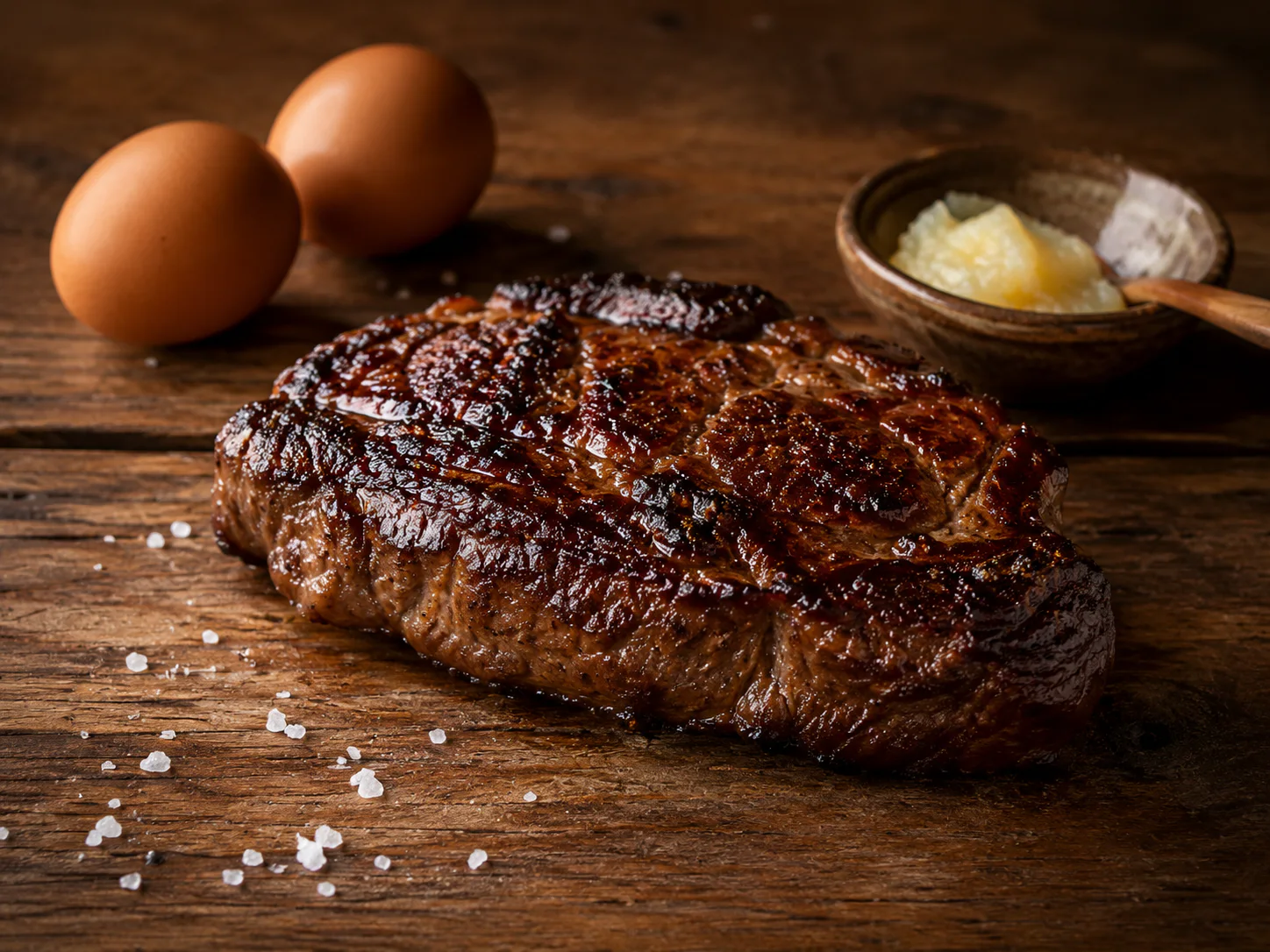 Gegrilde steak met eieren en dierlijk vet op een houten tafel